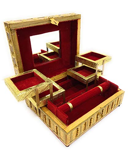 Jewellery Box Foldable Wooden Vanity Case for Earrings, Bangles with Mirror for Women (Gold) (1.6 kg) Mangal Fashions | Indian Home Decor and Craft