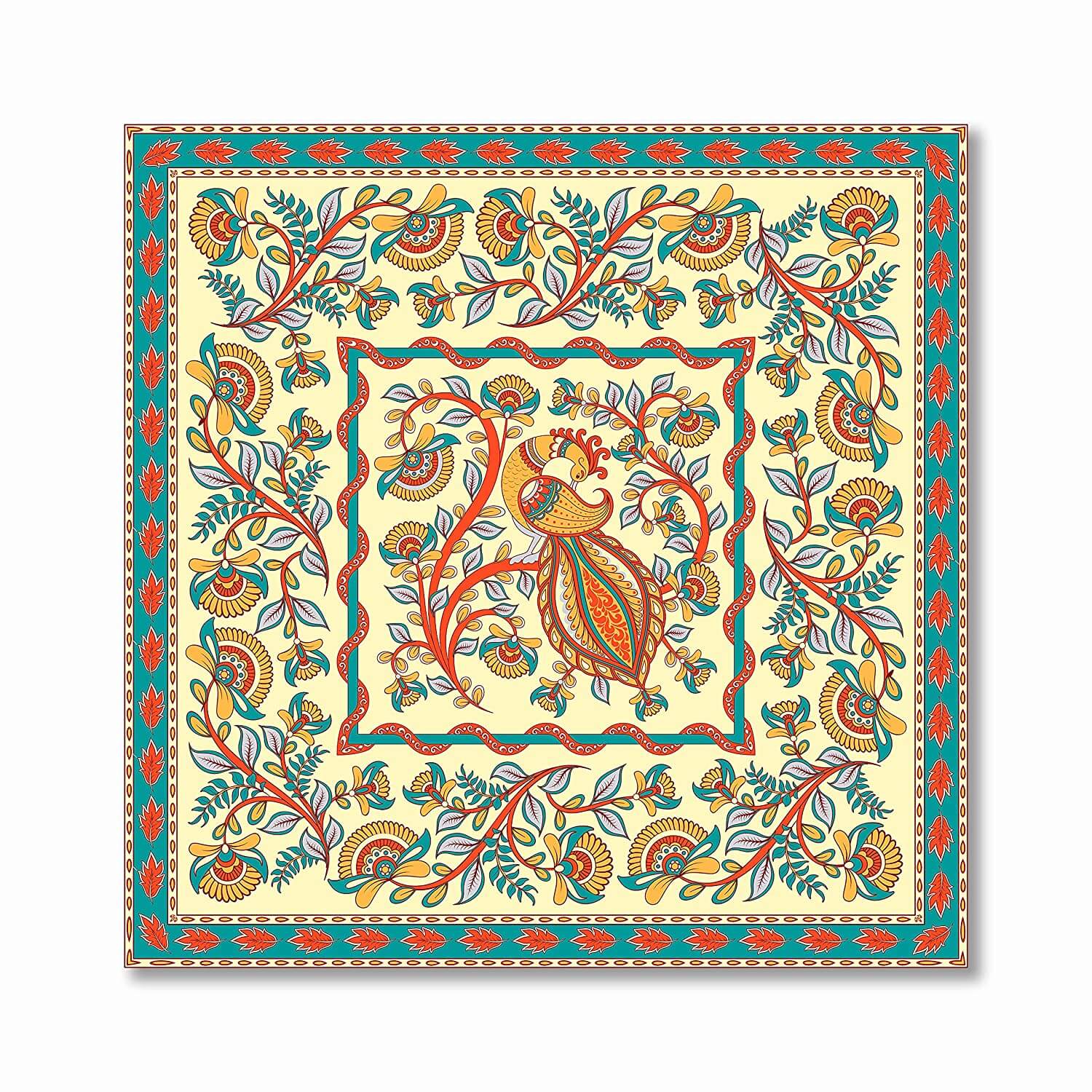 Kalamkari Art Canvas Painting - Beautiful Peacock for Home and Wall Decor (Size 36 X 36 Inches with Additional Blank border for Framing) Mangal Fashions | Indian Home Decor and Craft