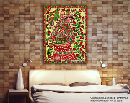 Kalamkari Art - Dancing Lady Art Canvas Painting for Home decor (Size 36 X 27 Inches with Additional border for framing) Mangal Fashions | Indian Home Decor and Craft