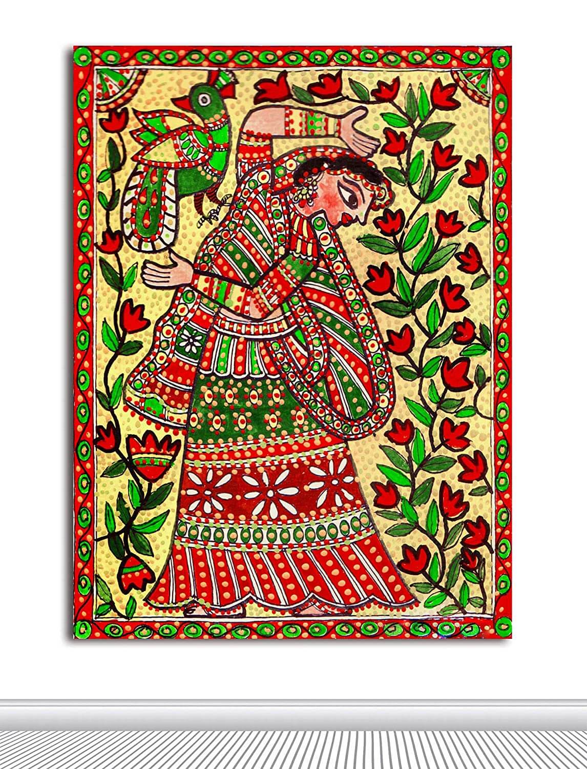Kalamkari Art - Dancing Lady Art Canvas Painting for Home decor (Size 36 X 27 Inches with Additional border for framing) Mangal Fashions | Indian Home Decor and Craft