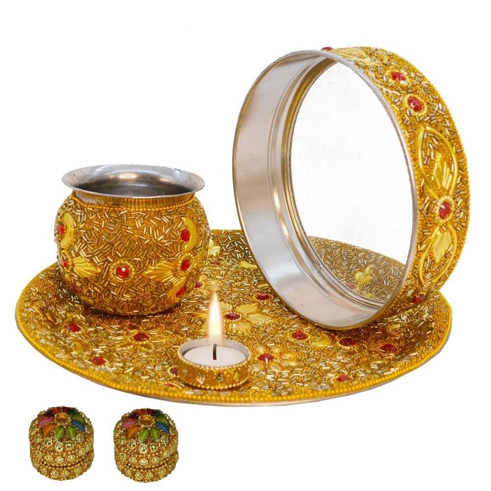 Karva Chauth Pooja Thali Set for Wife, Daughter-in-law, Mother-in-law for Wedding, Diwali Gifts, Varalakshmi, pooja, Festive Gifts Mangal Fashions | Indian Home Decor and Craft
