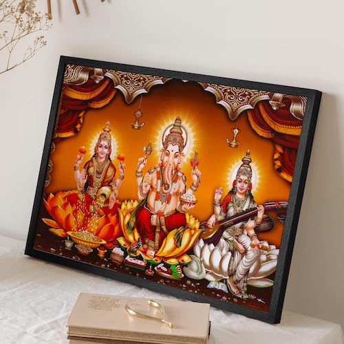 Laxmi Ganesha Saraswati Painting Photo with Frame (Synthetic Wood), Multicolour, Religious, 13.5 x 9.5 inch Mangal Fashions | Indian Home Decor and Craft