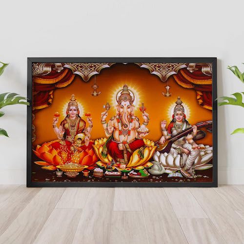 Laxmi Ganesha Saraswati Painting Photo with Frame (Synthetic Wood), Multicolour, Religious, 13.5 x 9.5 inch Mangal Fashions | Indian Home Decor and Craft