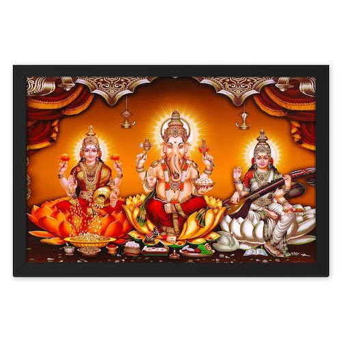 Laxmi Ganesha Saraswati Painting Photo with Frame (Synthetic Wood), Multicolour, Religious, 13.5 x 9.5 inch Mangal Fashions | Indian Home Decor and Craft