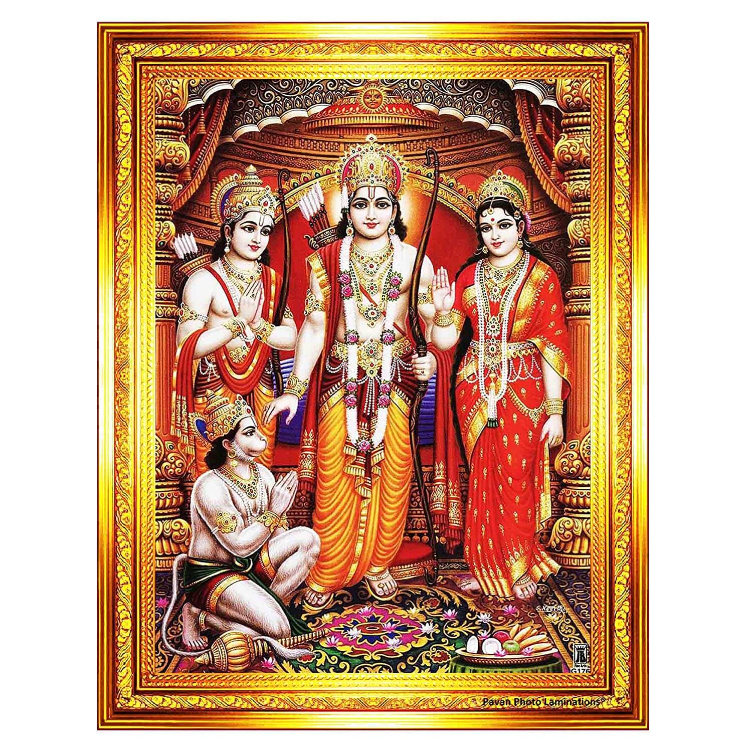 Lord Shri Ram Sita Laxman Hanuman Darbar Parivar Family Photo Frame for Home Mandir, Wall Decoration, Gift Item (Glossy, 10 x 12 in) Mangal Fashions | Indian Home Decor and Craft