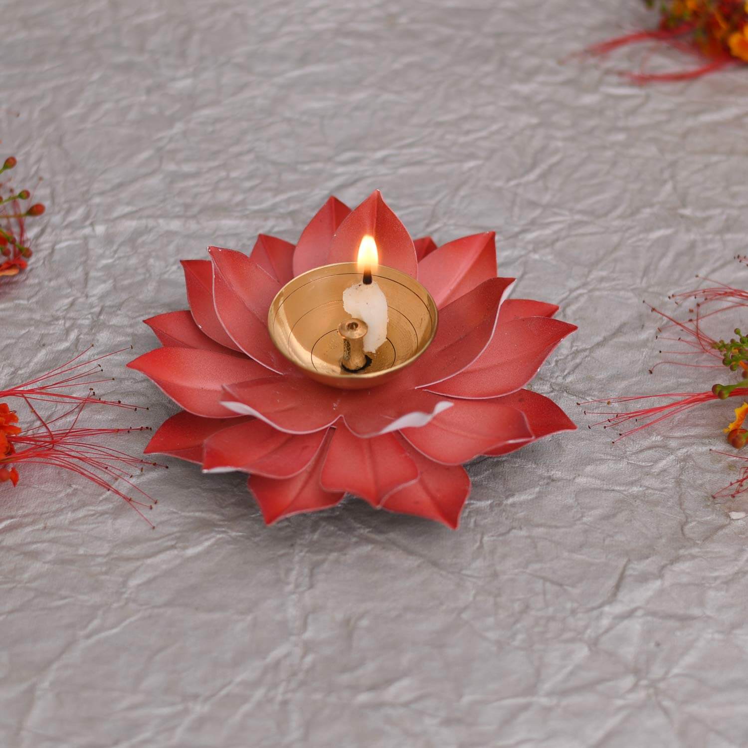Lotus Diya Pooja Oil Lamp - Large Metal Handpainted Deepak - Home Temple Puja Articles Decor (Red 5.5 X 1.5 Inch) Mangal Fashions | Indian Home Decor and Craft