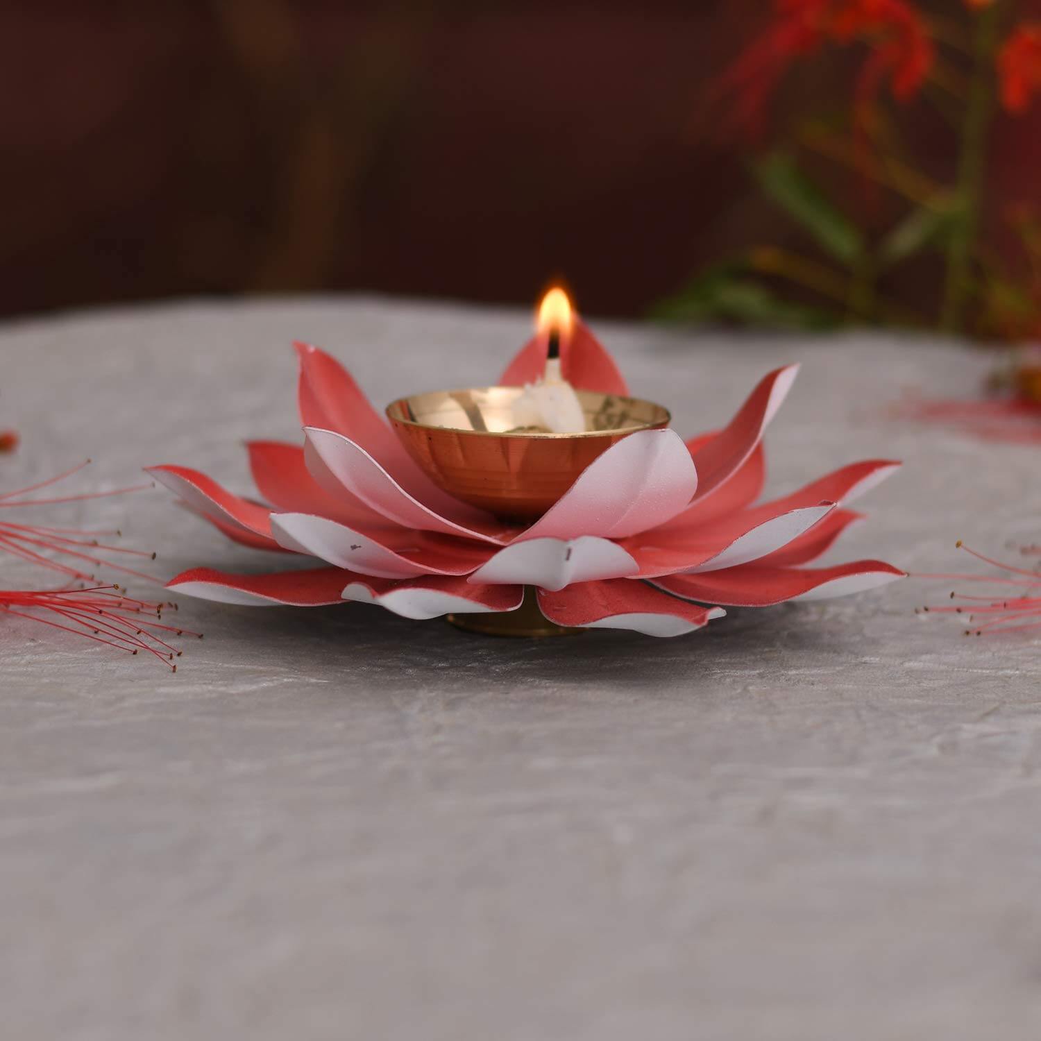 Lotus Diya Pooja Oil Lamp - Large Metal Handpainted Deepak - Home Temple Puja Articles Decor (Red 5.5 X 1.5 Inch) Mangal Fashions | Indian Home Decor and Craft