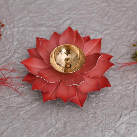 Lotus Diya Pooja Oil Lamp - Large Metal Handpainted Deepak - Home Temple Puja Articles Decor (Red 5.5 X 1.5 Inch) Mangal Fashions | Indian Home Decor and Craft