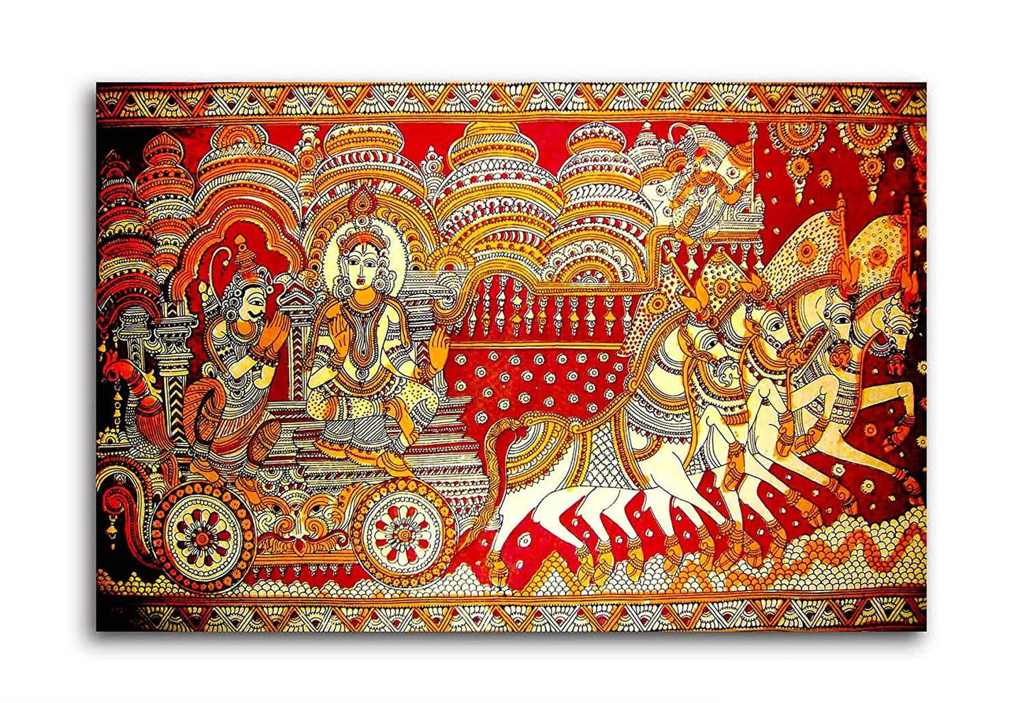 Madhubani Art Canvas Painting - Mahabharat Krishna with Arjun in Chariot (Size 36 X 24 Inches with Additional Border for Framing) Mangal Fashions | Indian Home Decor and Craft