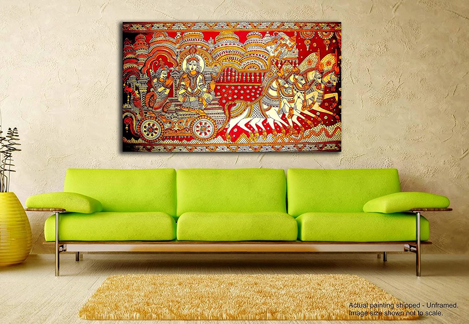 Madhubani Art Canvas Painting - Mahabharat Krishna with Arjun in Chariot (Size 36 X 24 Inches with Additional Border for Framing) Mangal Fashions | Indian Home Decor and Craft