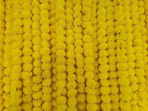 MangalFashions Artificial Marigold Garland | 5 Strings Pack - 4.5 Feet Each | Indian/American Decor for Pooja, Wedding, Christmas, Events, Party Mangal Fashions | Indian Home Decor and Craft