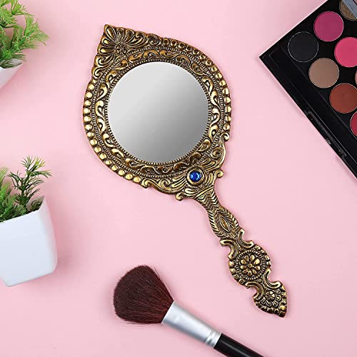 MangalFashions Indian Vintage Handheld 2- Sided Gold-Plated Metal Round Mirror for Makeup, Travel, Salon & Decorative Antique for Gifts (Blue Stone) Mangal Fashions | Indian Home Decor and Craft