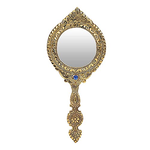 MangalFashions Indian Vintage Handheld 2- Sided Gold-Plated Metal Round Mirror for Makeup, Travel, Salon & Decorative Antique for Gifts (Blue Stone) Mangal Fashions | Indian Home Decor and Craft