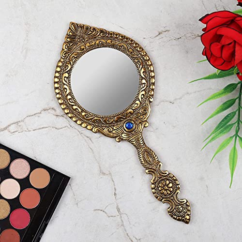 MangalFashions Indian Vintage Handheld 2- Sided Gold-Plated Metal Round Mirror for Makeup, Travel, Salon & Decorative Antique for Gifts (Blue Stone) Mangal Fashions | Indian Home Decor and Craft