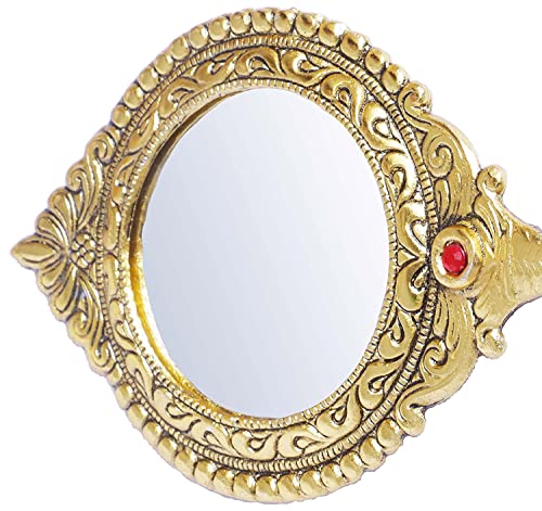 MangalFashions Indian Vintage Handheld 2- Sided Gold-Plated Metal Round Mirror for Makeup, Travel, Salon & Decorative Antique for Gifts (Red Stone) Mangal Fashions | Indian Home Decor and Craft