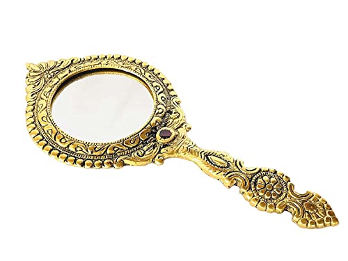 MangalFashions Indian Vintage Handheld 2- Sided Gold-Plated Metal Round Mirror for Makeup, Travel, Salon & Decorative Antique for Gifts (Red Stone) Mangal Fashions | Indian Home Decor and Craft