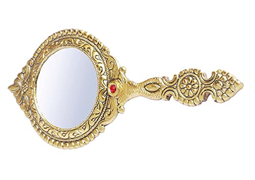 MangalFashions Indian Vintage Handheld 2- Sided Gold-Plated Metal Round Mirror for Makeup, Travel, Salon & Decorative Antique for Gifts (Red Stone) Mangal Fashions | Indian Home Decor and Craft