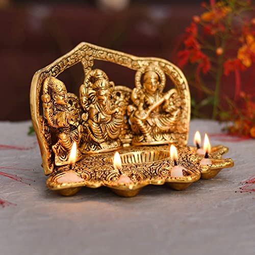 MangalFashions Lakshmi Ganesha Saraswati Decorative Brass Idol Statue Diya | Indian Festival Oil Lamp for Home Decoration, Showpieces and Gifts Mangal Fashions | Indian Home Decor and Craft