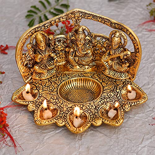 MangalFashions Lakshmi Ganesha Saraswati Decorative Brass Idol Statue Diya | Indian Festival Oil Lamp for Home Decoration, Showpieces and Gifts Mangal Fashions | Indian Home Decor and Craft