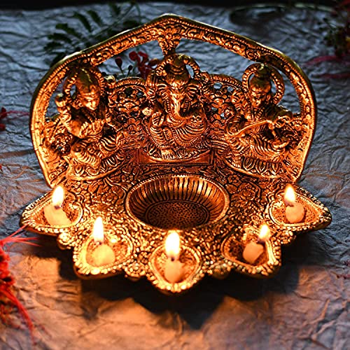 MangalFashions Lakshmi Ganesha Saraswati Decorative Brass Idol Statue Diya | Indian Festival Oil Lamp for Home Decoration, Showpieces and Gifts Mangal Fashions | Indian Home Decor and Craft