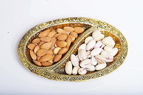 MangalFashions Oval Decorative 2 Section Metal Gold Finish Tray for Serving Dry Fruits, Saunf Supari, Sweets, Mouth Freshener, Showpiece Mangal Fashions | Indian Home Decor and Craft