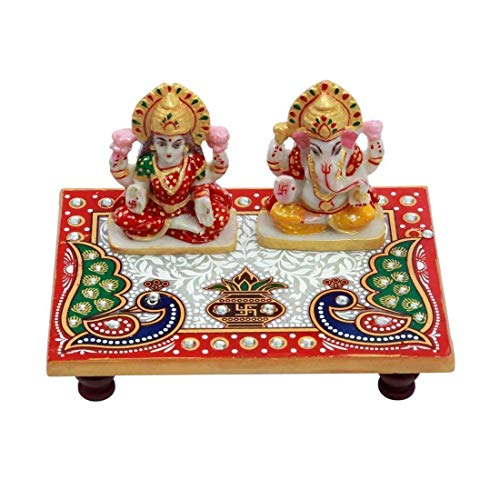 Marble Laxmi Ganesha ji & Beautiful Marble Chowki for Puja (6 x 4 Inch) Mangal Fashions | Indian Home Decor and Craft