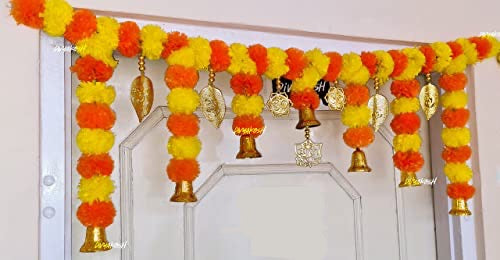 Marigold Flower Bandarwal Hanging for Door | Festival Decoration for Home, Main Door, Mandir | Toran for Pooja Room | Genda Garland Mangal Fashions | Indian Home Decor and Craft