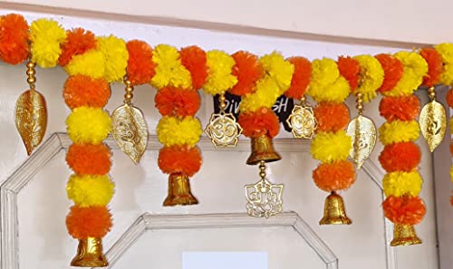 Marigold Flower Bandarwal Hanging for Door | Festival Decoration for Home, Main Door, Mandir | Toran for Pooja Room | Genda Garland Mangal Fashions | Indian Home Decor and Craft