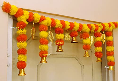 Marigold Flower Bandarwal Hanging for Door | Festival Decoration for Home, Main Door, Mandir | Toran for Pooja Room | Genda Garland Mangal Fashions | Indian Home Decor and Craft