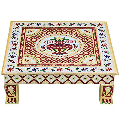 Meenakari Wooden Chowki puja bajot Kalash for Pooja - 14x14x5 inch, Gold (3.1kg) Mangal Fashions | Indian Home Decor and Craft