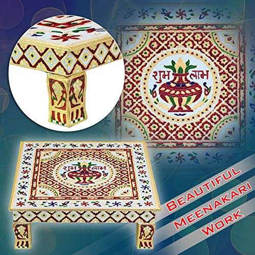 Meenakari Wooden Chowki puja bajot Kalash for Pooja - 14x14x5 inch, Gold (3.1kg) Mangal Fashions | Indian Home Decor and Craft