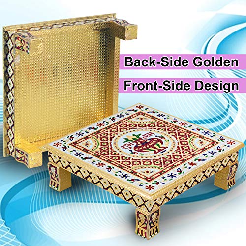 Meenakari Wooden Chowki puja bajot Kalash for Pooja - 14x14x5 inch, Gold (3.1kg) Mangal Fashions | Indian Home Decor and Craft