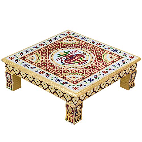 Meenakari Wooden Chowki puja bajot Kalash for Pooja - 14x14x5 inch, Gold (3.1kg) Mangal Fashions | Indian Home Decor and Craft