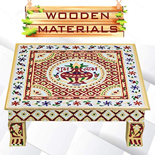 Meenakari Wooden Chowki puja bajot Kalash for Pooja - 14x14x5 inch, Gold (3.1kg) Mangal Fashions | Indian Home Decor and Craft