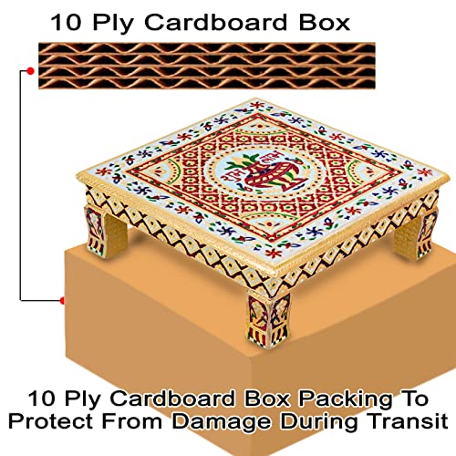 Meenakari Wooden Chowki puja bajot Kalash for Pooja - 14x14x5 inch, Gold (3.1kg) Mangal Fashions | Indian Home Decor and Craft