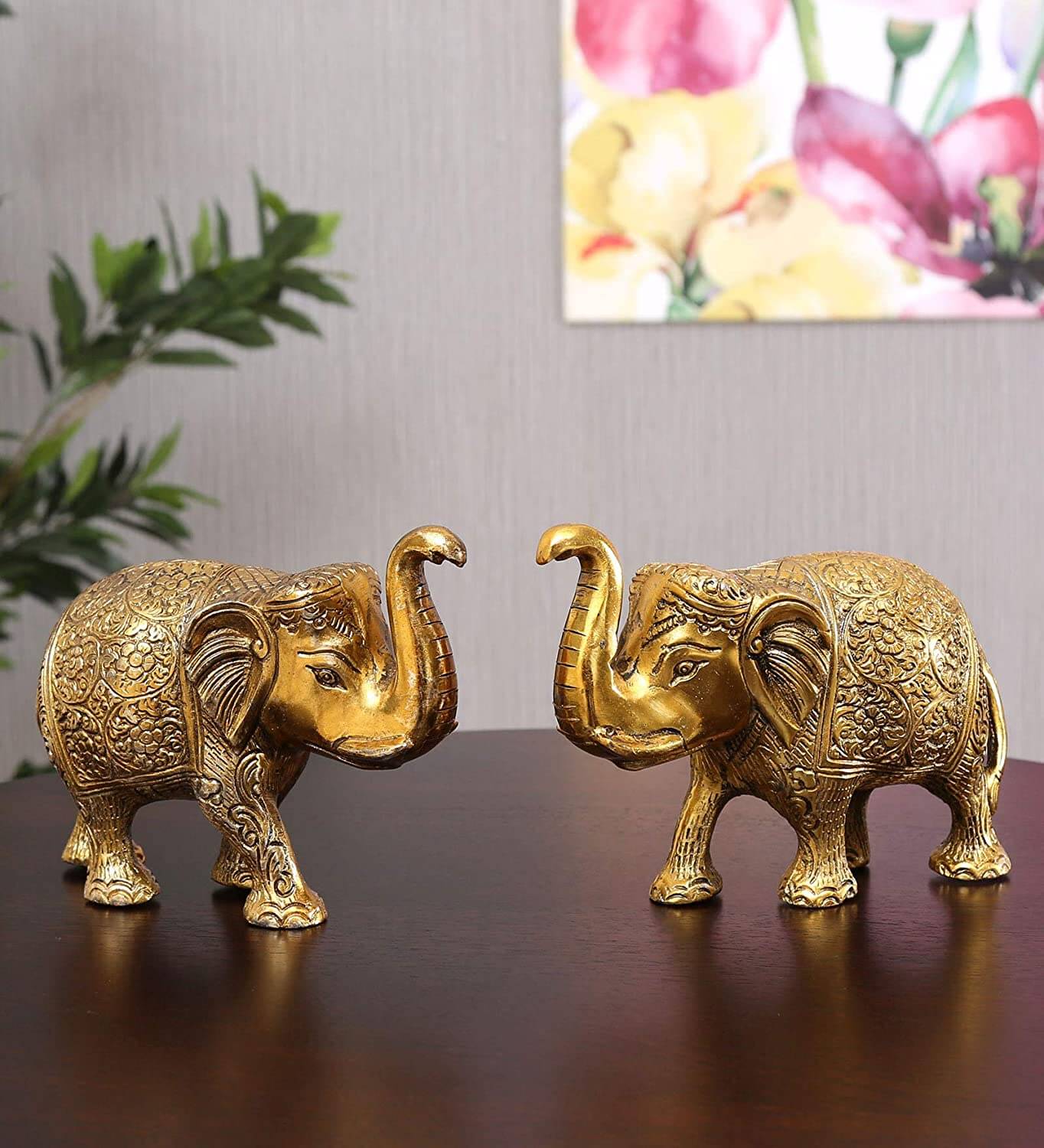 Metal Elephant Statue Small Size Gold Polish 2 pcs Set for Your Home, Office Table Decorative & Gift Article, Animal Showpiece Figurines. Mangal Fashions | Indian Home Decor and Craft