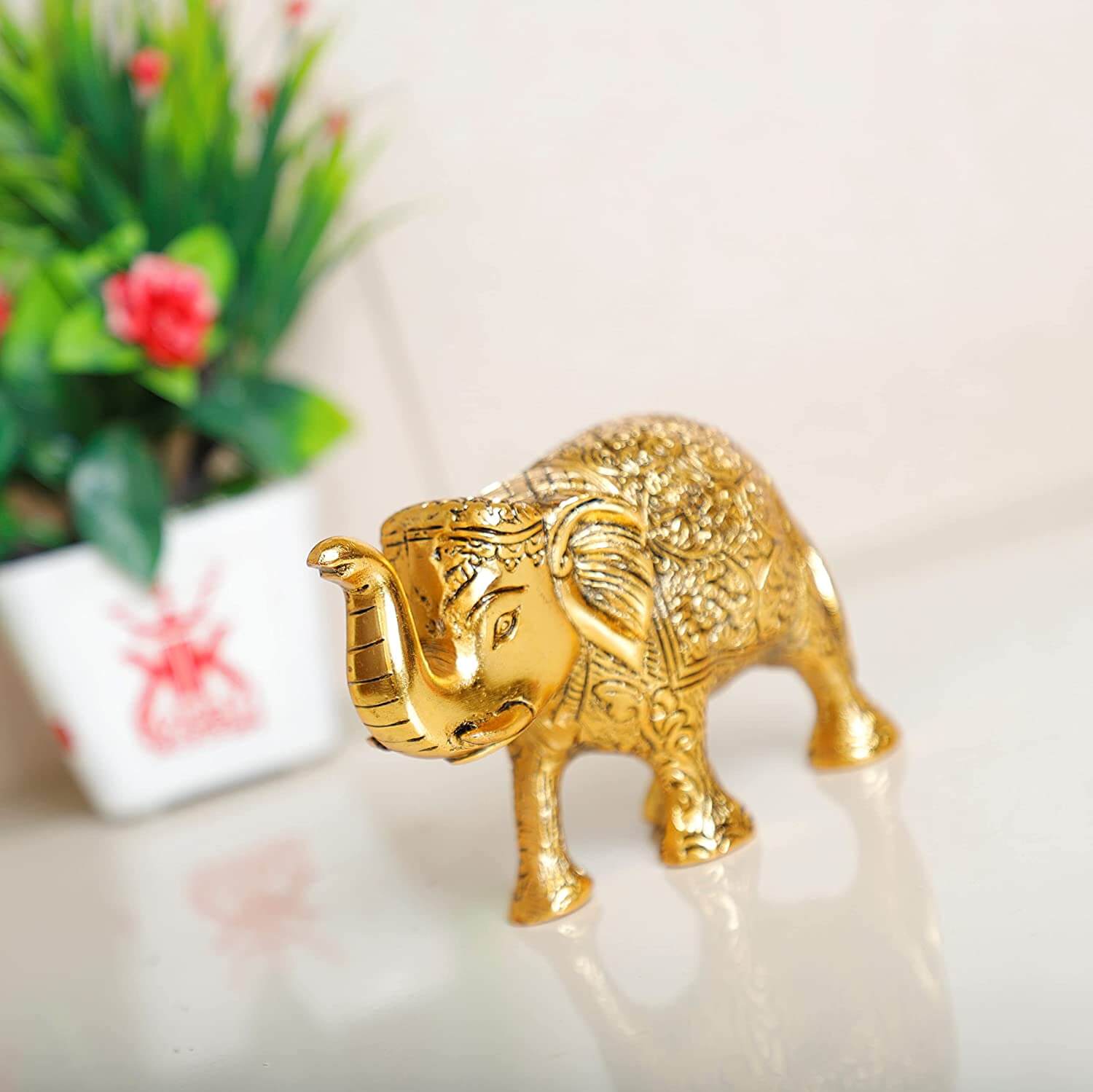 Metal Elephant Statue Small Size Gold Polish 2 pcs Set for Your Home, Office Table Decorative & Gift Article, Animal Showpiece Figurines. Mangal Fashions | Indian Home Decor and Craft