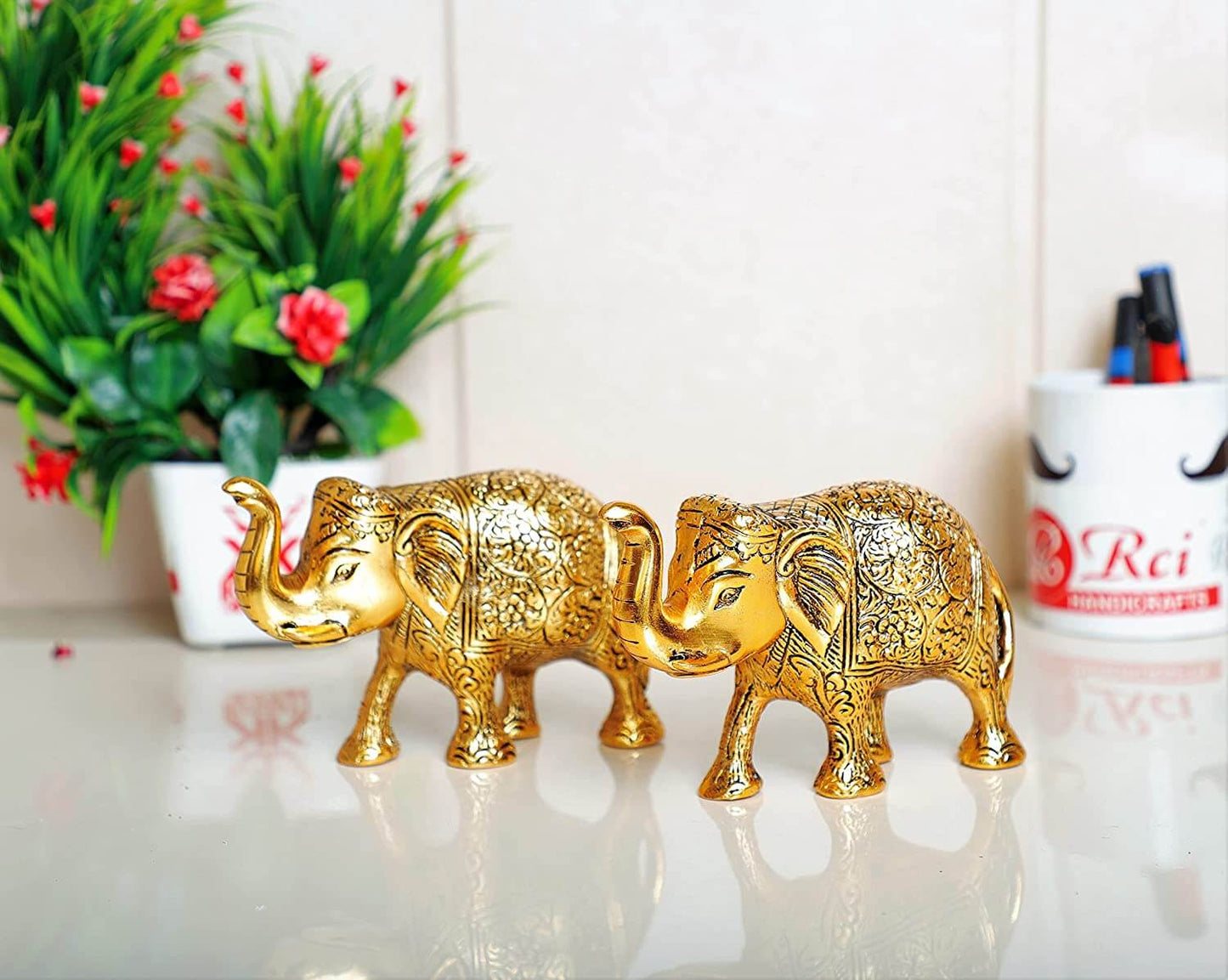 Metal Elephant Statue Small Size Gold Polish 2 pcs Set for Your Home, Office Table Decorative & Gift Article, Animal Showpiece Figurines. Mangal Fashions | Indian Home Decor and Craft