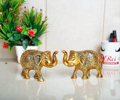 Metal Elephant Statue Small Size Gold Polish 2 pcs Set for Your Home, Office Table Decorative & Gift Article, Animal Showpiece Figurines. Mangal Fashions | Indian Home Decor and Craft