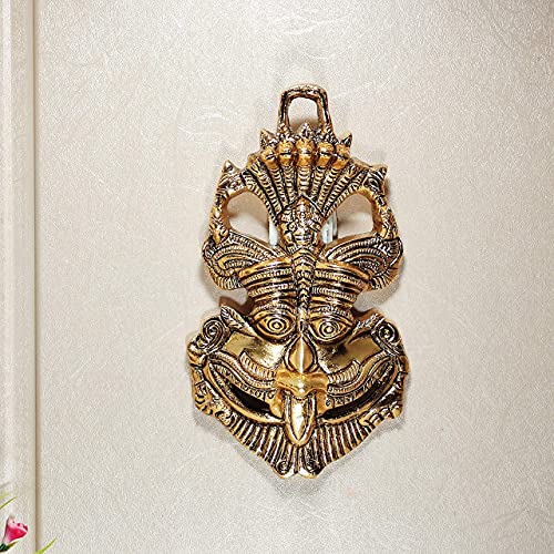 Metal Evil Eye Protection Nazar Battu with Naag Ganesha Suraksha Kawach Mask Feng Shui Vastu Wall & Door Hanging (Gold, Medium) Mangal Fashions | Indian Home Decor and Craft