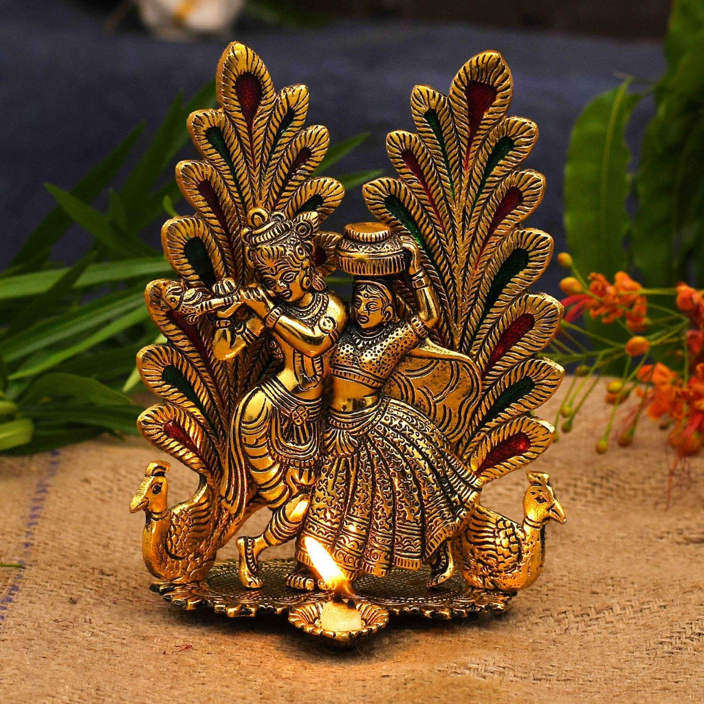 Pack of 1 - Peacock Design Radha Krishna Idol Showpiece with Diya for Puja, Home Decor and Gifting (8 x 6 Inches) Mangal Fashions | Indian Home Decor and Craft