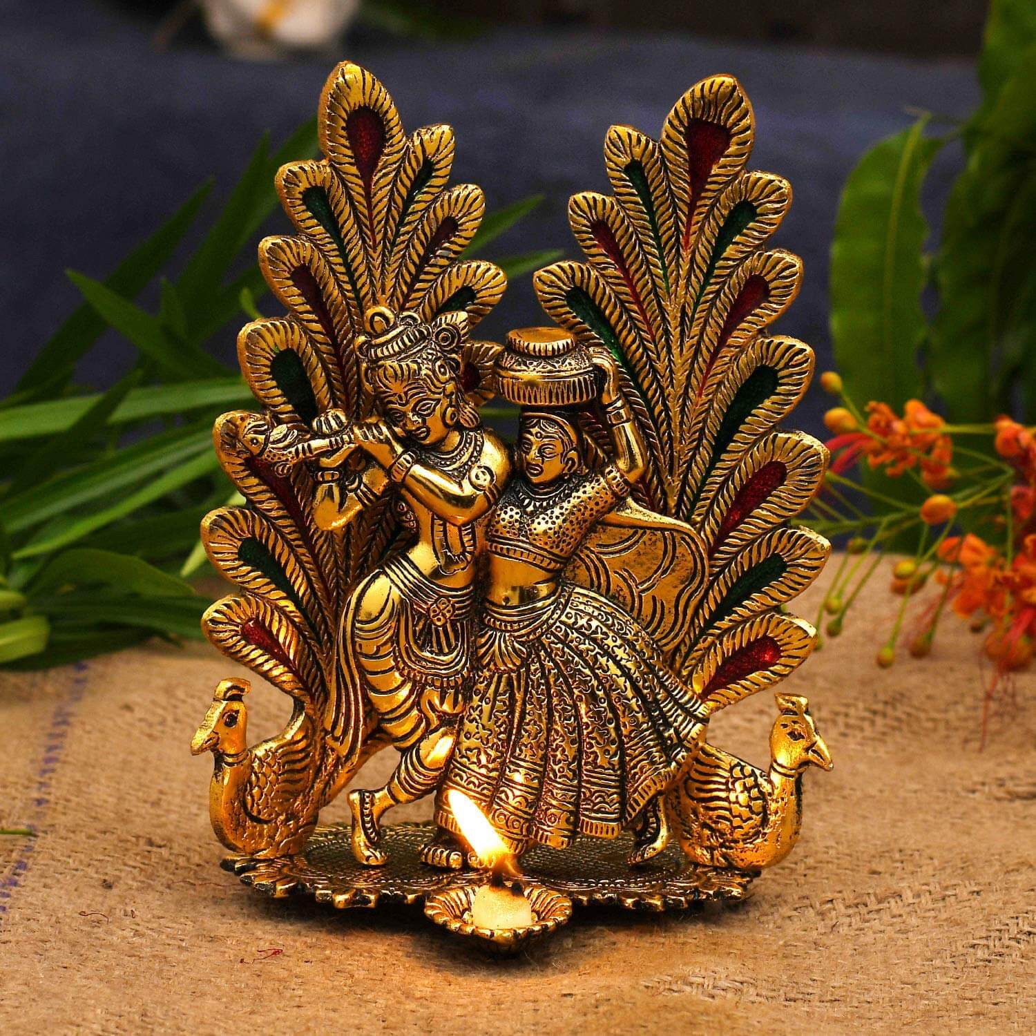 Pack of 1 - Peacock Design Radha Krishna Idol Showpiece with Diya for Puja, Home Decor and Gifting (8 x 6 Inches) Mangal Fashions | Indian Home Decor and Craft