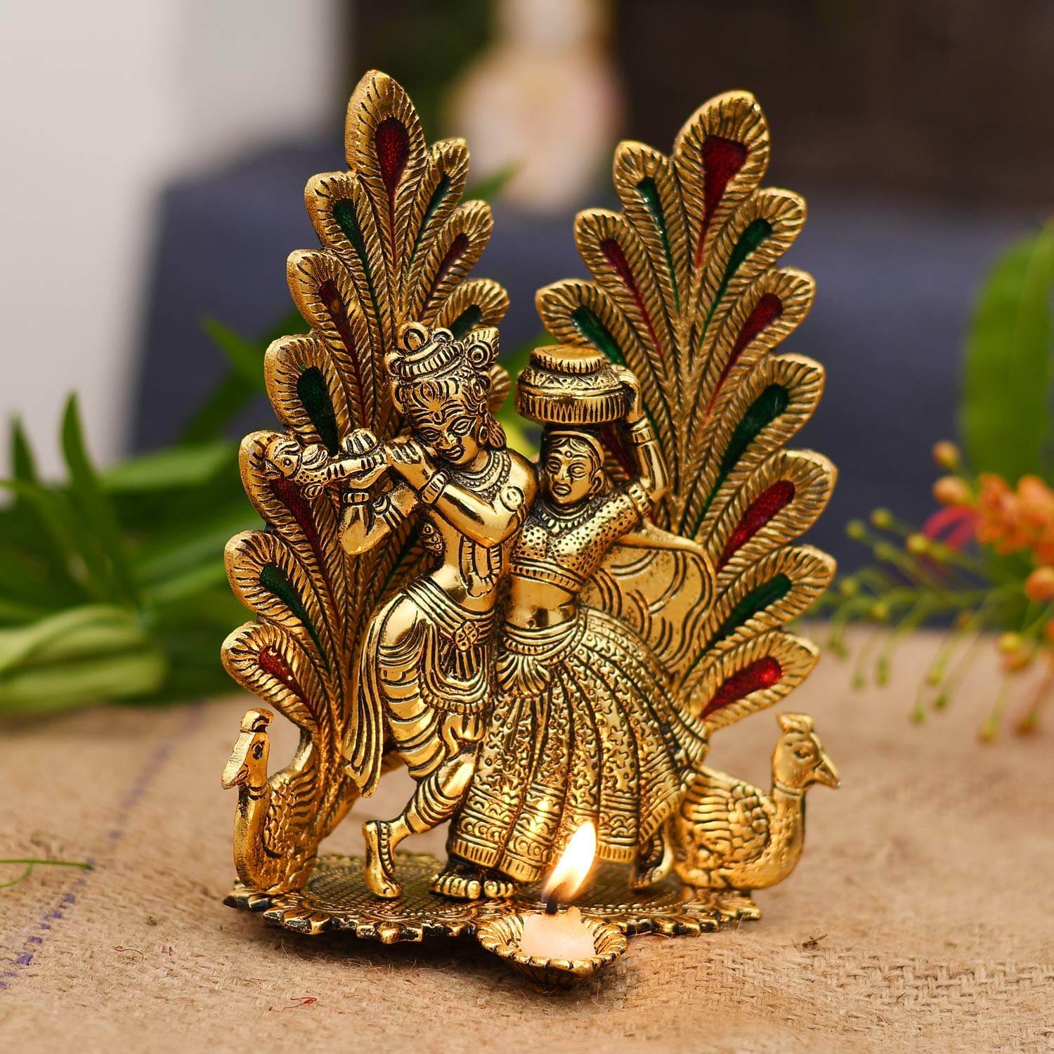 Pack of 1 - Peacock Design Radha Krishna Idol Showpiece with Diya for Puja, Home Decor and Gifting (8 x 6 Inches) Mangal Fashions | Indian Home Decor and Craft