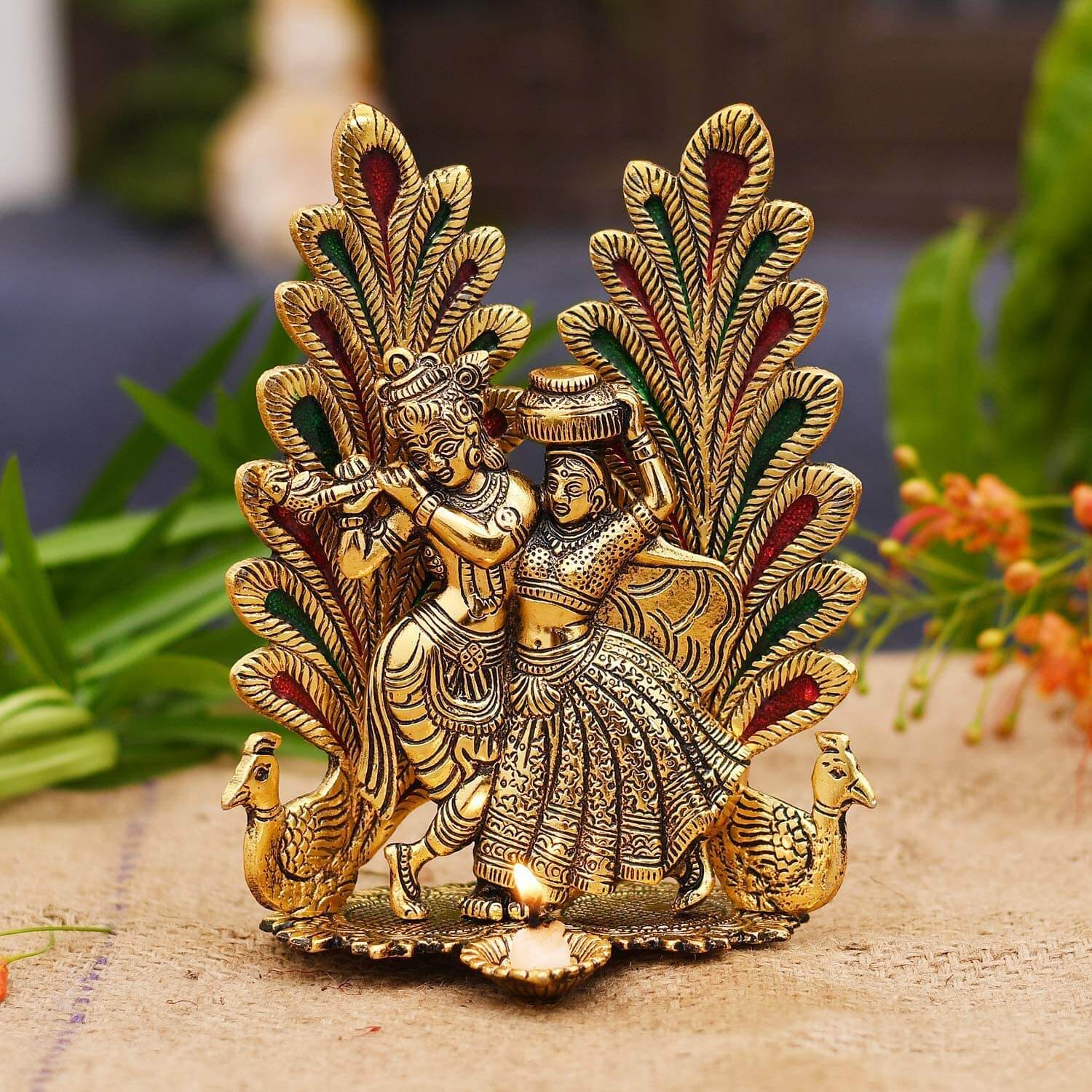 Pack of 1 - Peacock Design Radha Krishna Idol Showpiece with Diya for Puja, Home Decor and Gifting (8 x 6 Inches) Mangal Fashions | Indian Home Decor and Craft
