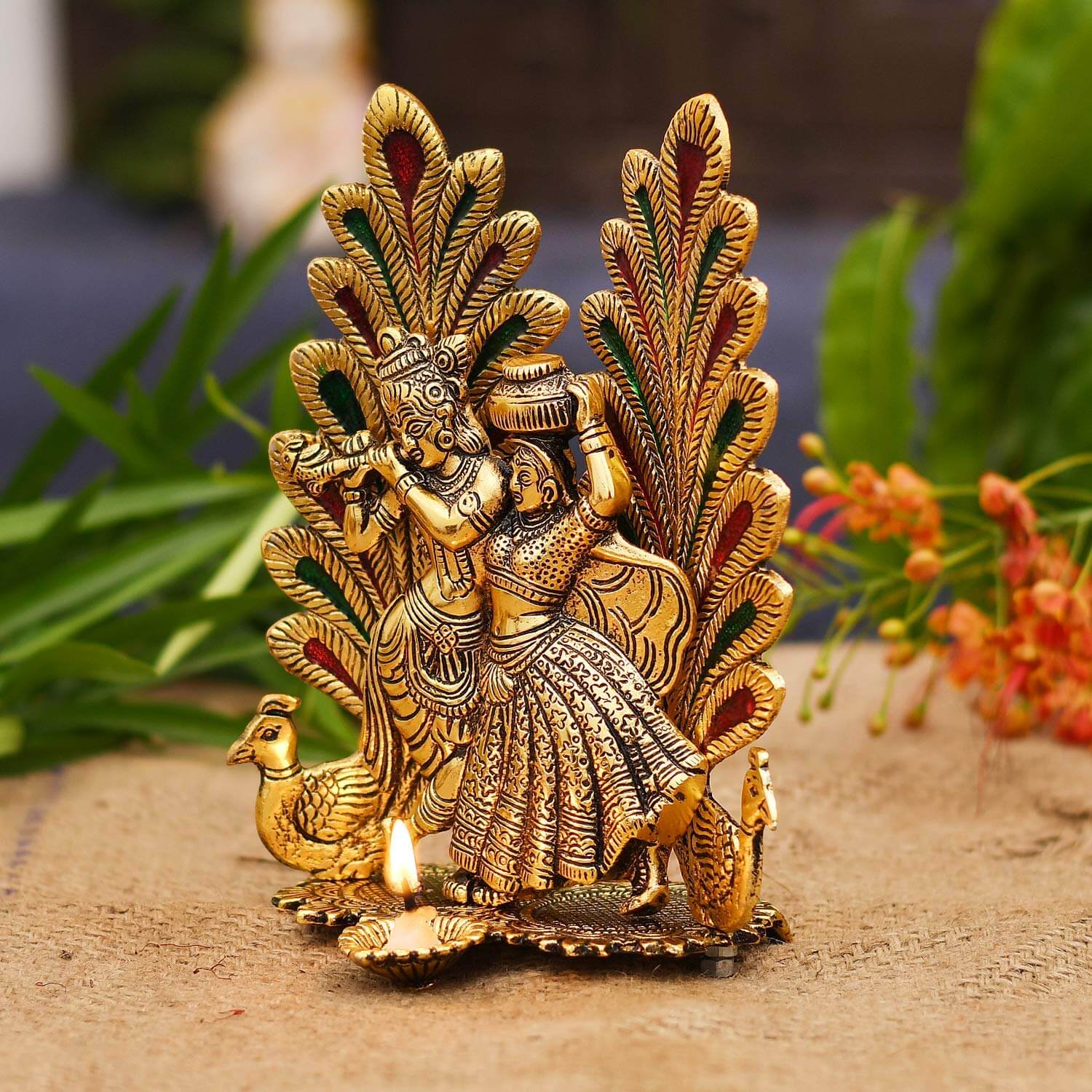 Pack of 1 - Peacock Design Radha Krishna Idol Showpiece with Diya for Puja, Home Decor and Gifting (8 x 6 Inches) Mangal Fashions | Indian Home Decor and Craft