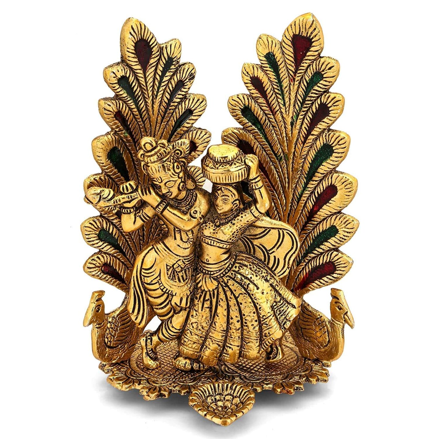 Pack of 1 - Peacock Design Radha Krishna Idol Showpiece with Diya for Puja, Home Decor and Gifting (8 x 6 Inches) Mangal Fashions | Indian Home Decor and Craft