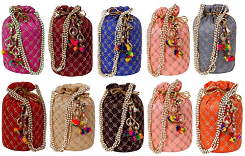 (Pack of 10) Women's Potli Bag Combo (Multicolor) Mangal Fashions | Indian Home Decor and Craft