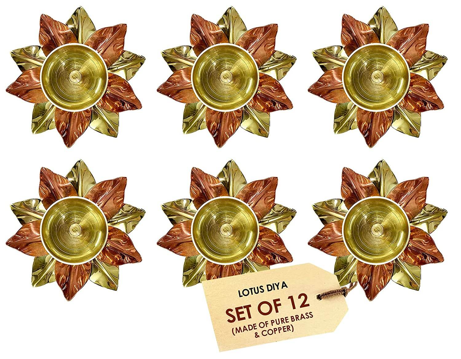 Pack of 12 - Small Brass Copper Lotus Flower Petals Kamal Shape Metal Akand Diya for Pooja, Home Decor and Gifting Mangal Fashions | Indian Home Decor and Craft