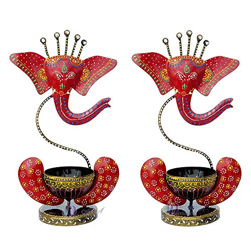 Pack of 2 - 12 Inch Lord Ganesha (Red) Antique with Stone Tealight Holder-Decorative/Table Decor/Home Decor Mangal Fashions | Indian Home Decor and Craft