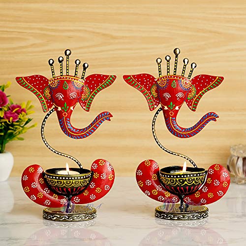 Pack of 2 - 12 Inch Lord Ganesha (Red) Antique with Stone Tealight Holder-Decorative/Table Decor/Home Decor Mangal Fashions | Indian Home Decor and Craft